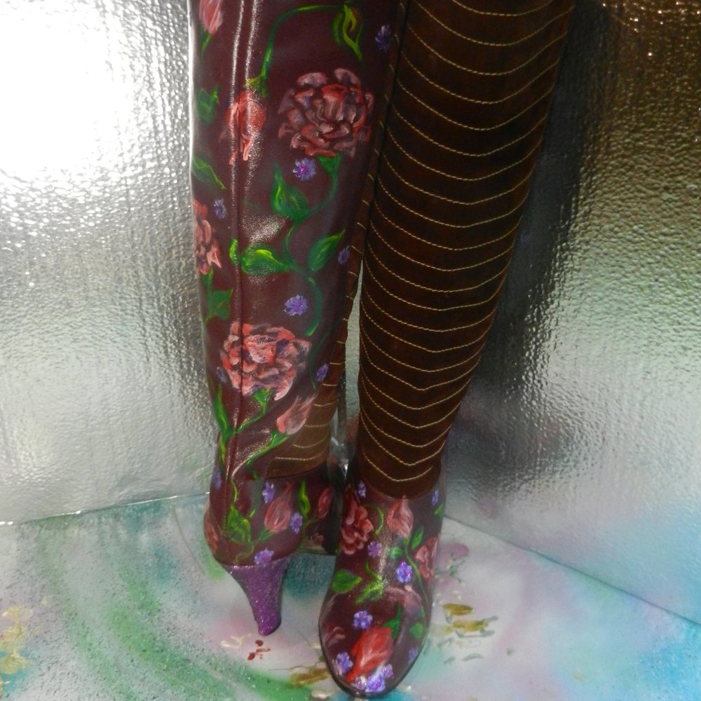 VTG OOAK floral suede boots Never Promised You a Rose Garden burgundy leather - Picture 15 of 16